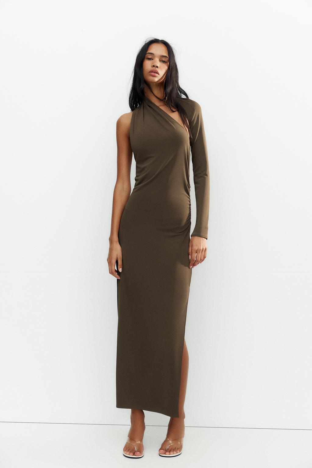 

Асимметричное драпированное платье макси ZARA, цвет Dark khaki