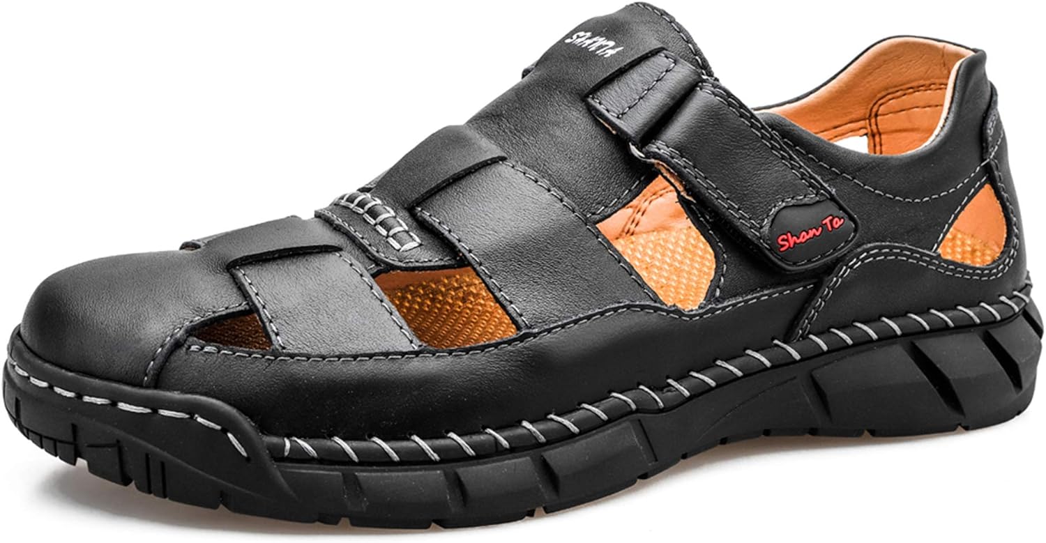 

Мужские сандалии Honeystore с закрытым носком, с прорезями, кожаные, больших размеров, повседневные, черный