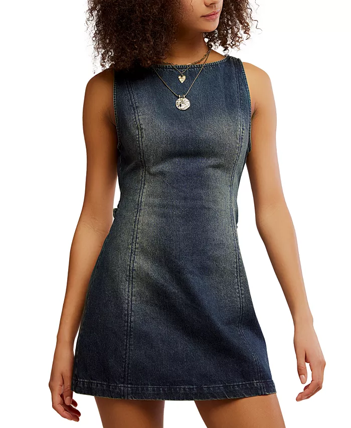 

Женское мини-платье из атласного хлопкового денима Free People, синий