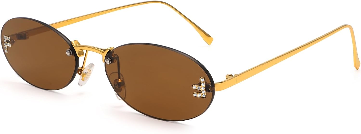 

Модные солнцезащитные очки Dollger без оправы овальной формы для женщин и мужчин, в стиле ретро Y2K, с маленькой оправой в виде бриллиантов, металлические дизайнерские очки 90-х годов, C2: Brown