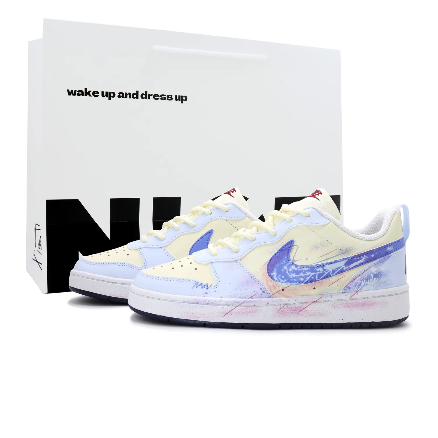 Nike Court Borough Radiant Smile Like Spring Synthetic Leather, Leather Skateboard Shoes Pink White Blue Yellow GS
