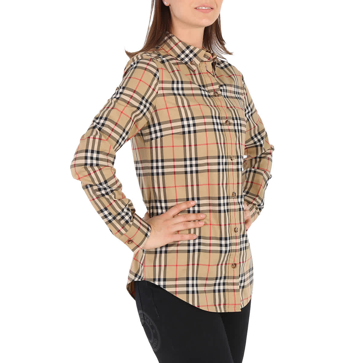 Рубашка Burberry Ladies Vintage Check из эластичного хлопка с воротником на пуговицах, бежевый — фото 2