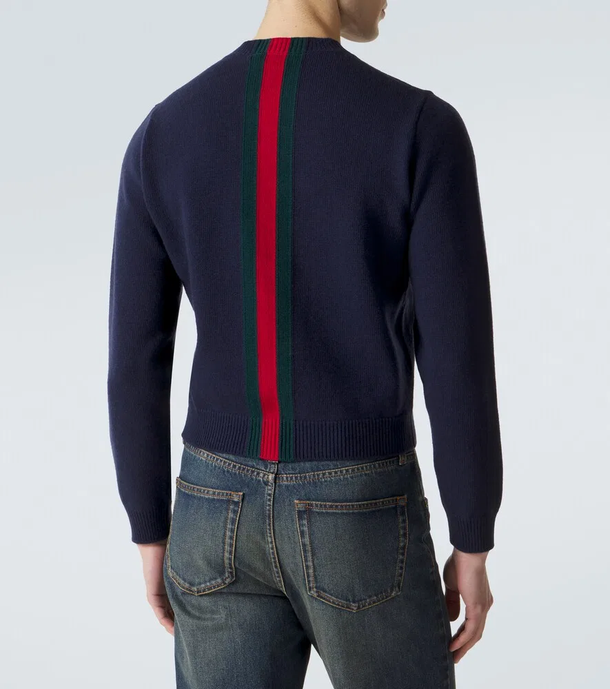 Свитер Gucci Web Stripe шерстяной, круглый воротник, синий — фото 4