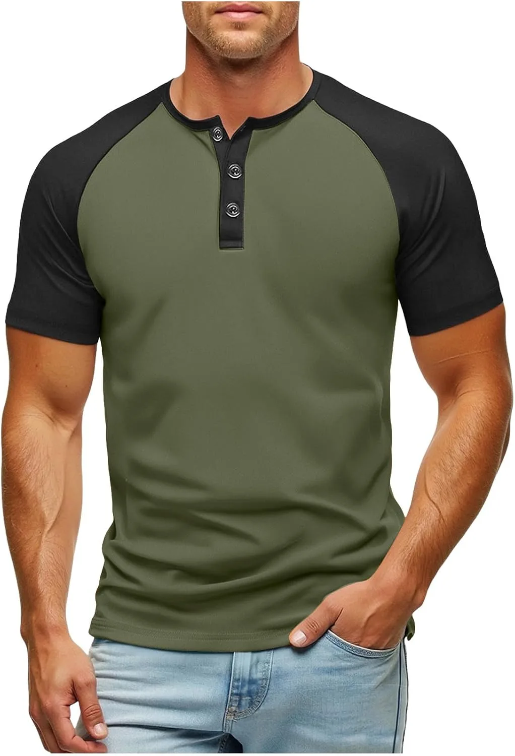 

Футболка Henley для мужчин, короткий рукав, хлопок, цветной блок