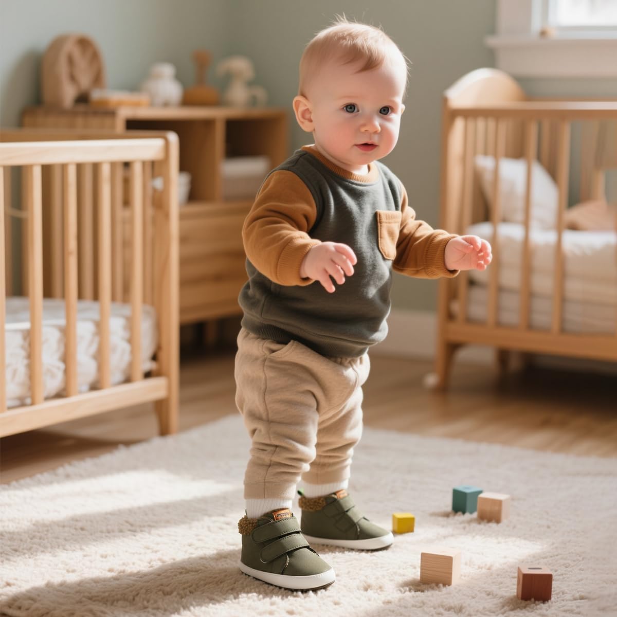 HsdsBebe Детские ботиночки на щиколотку для мальчиков и девочек, флисовые пинетки с противоскользящей резиновой подошвой, кроссовки для малышей, обувь для новорожденных для ходьбы и сна, A02/Green — фото 3