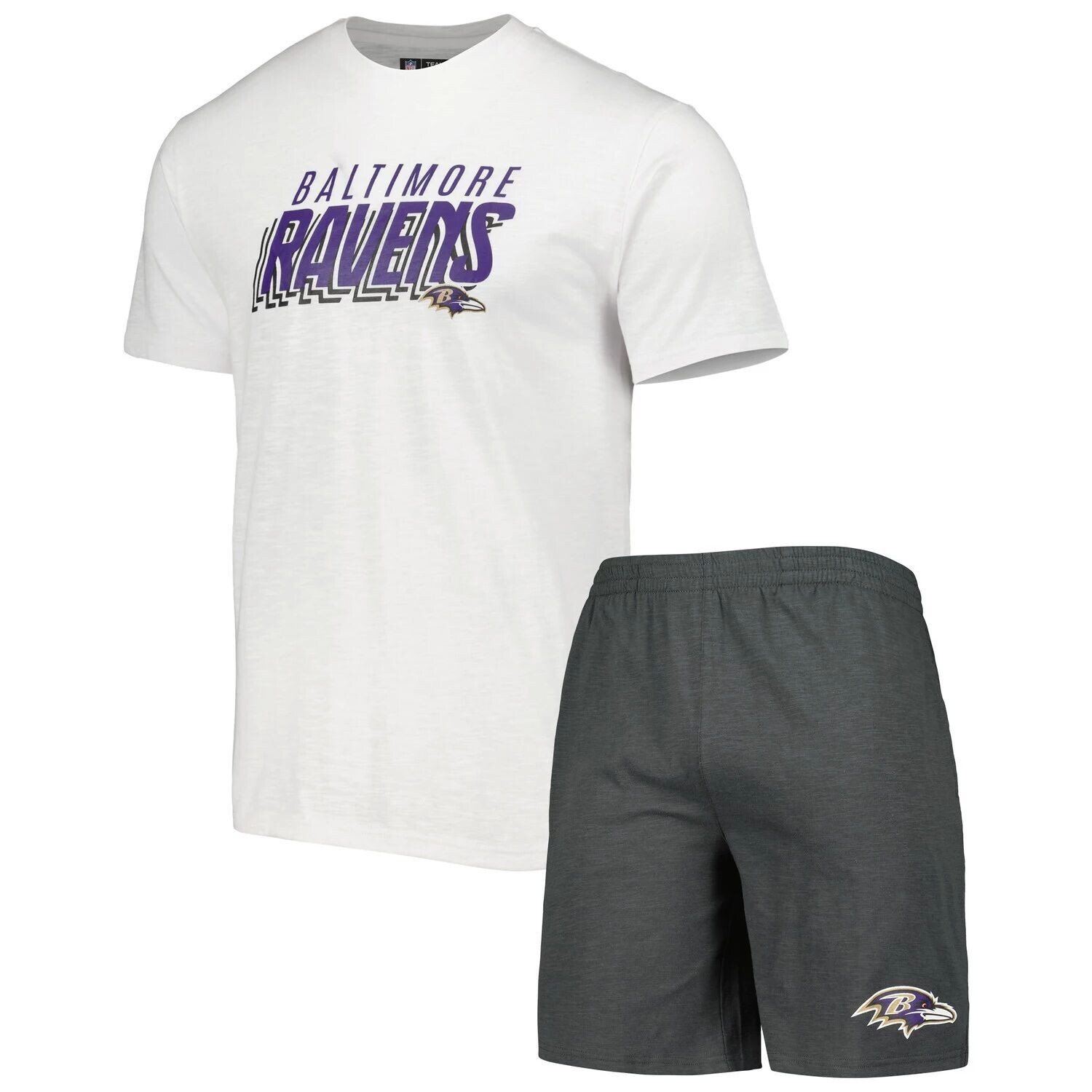 

Мужской комплект для сна с футболкой и шортами для сна Baltimore Ravens Downfield, темно-серый/белый, Concepts Sport