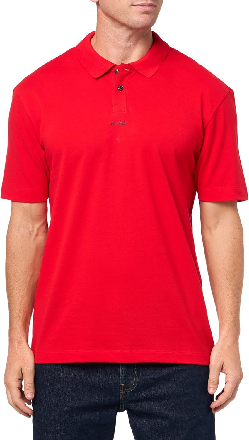 

HUGO Мужская поло с контрастным логотипом по центру, Candy Red, Красный, HUGO Мужская поло с контрастным логотипом по центру, Candy Red