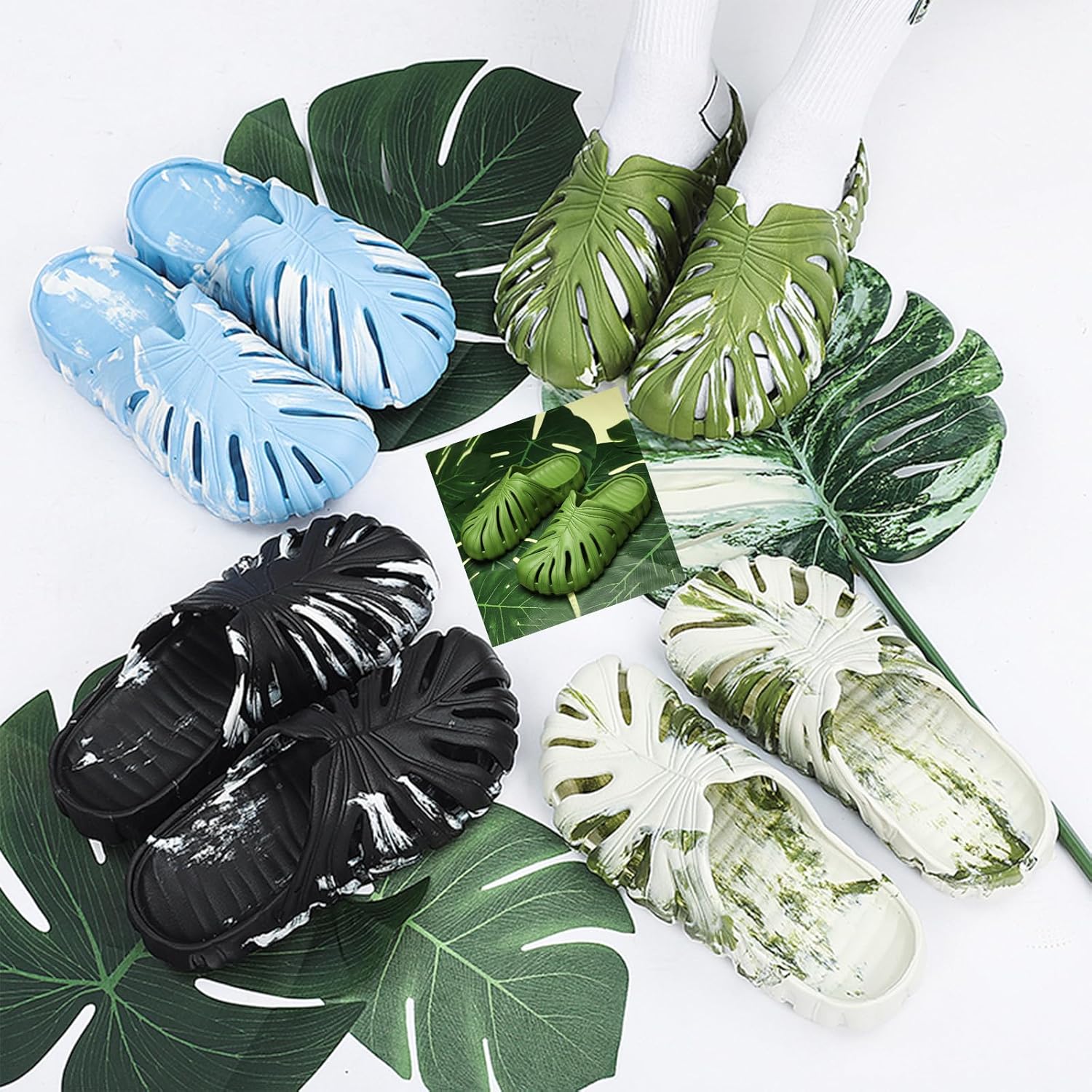 Тапочки Optigard Monstera для женщин и мужчин, толстая подошва из ЭВА, мягкие тапочки Monstera, нескользящие, быстросохнущие, дышащие пляжные шлепанцы Monstera, синий — фото 2
