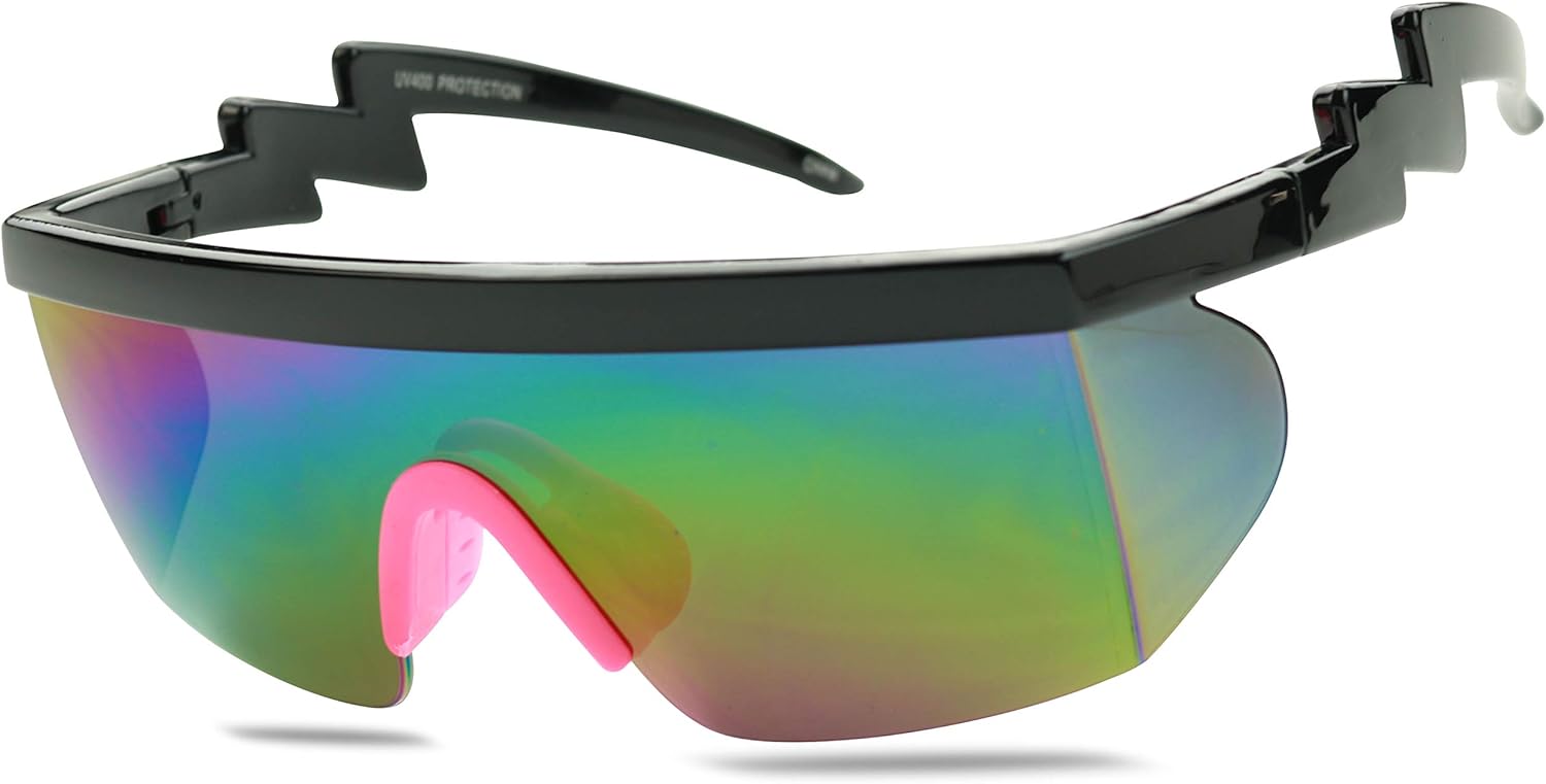 

Солнцезащитные очки ShadyVEU полуободковые, неоновые, радужные, с зеркальными линзами и защитой от УФ-излучения, в стиле ретро 80-х, с изогнутыми дужками в виде зигзага, Black Frame / Pink Nose Pad