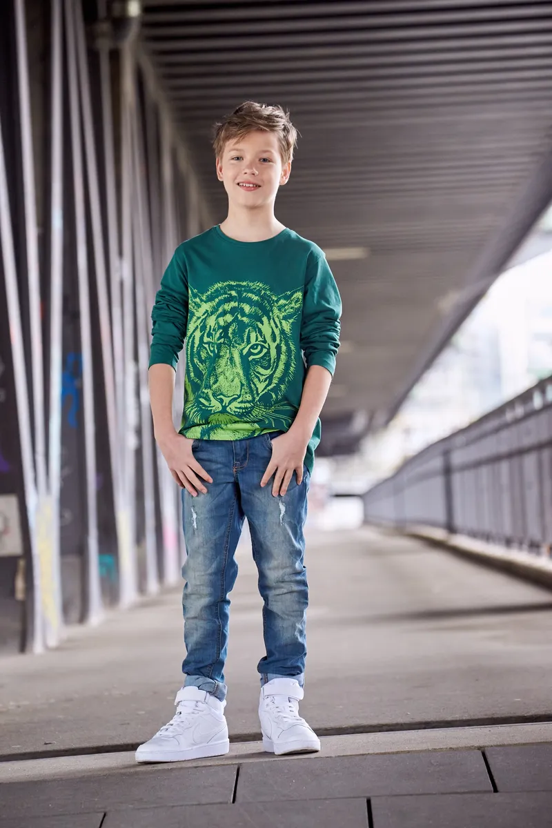 KIDSWORLD рубашка с длинными рукавами "NEON TIGER", яркий принт для мальчиков, зеленый — фото 4