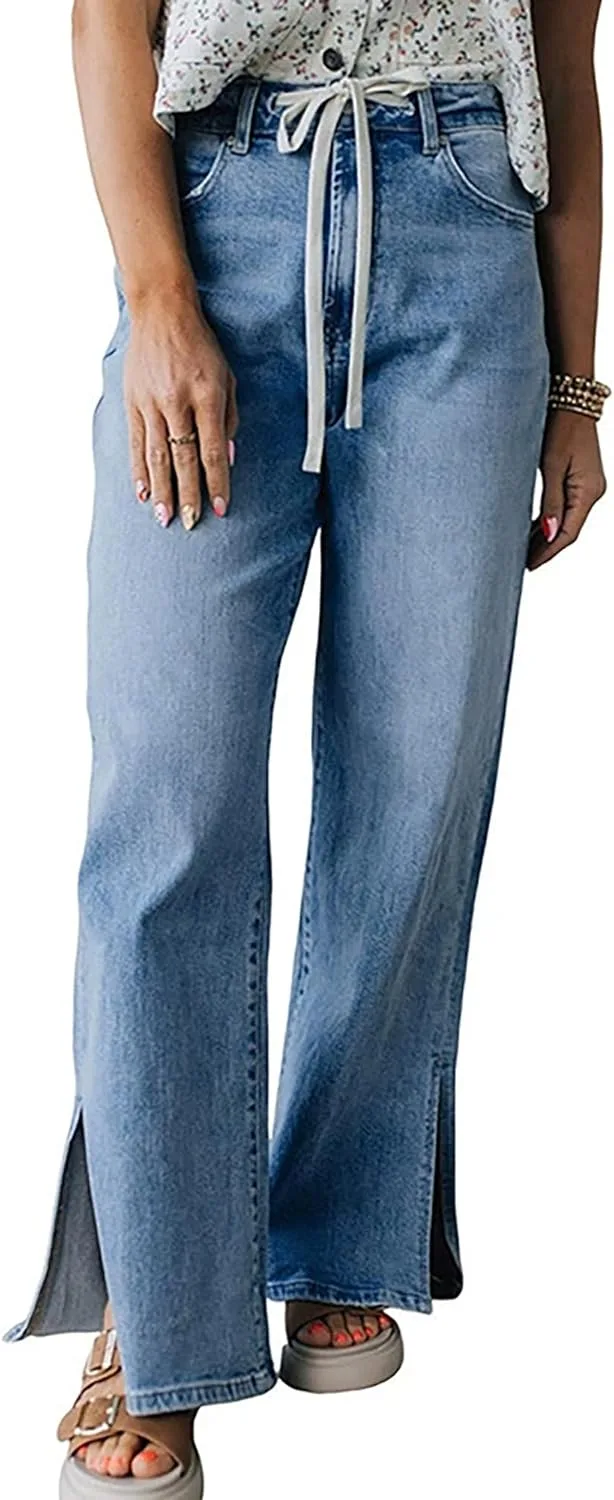 

Женские джинсы с завязками и разрезами по бокам QLAUYIOE