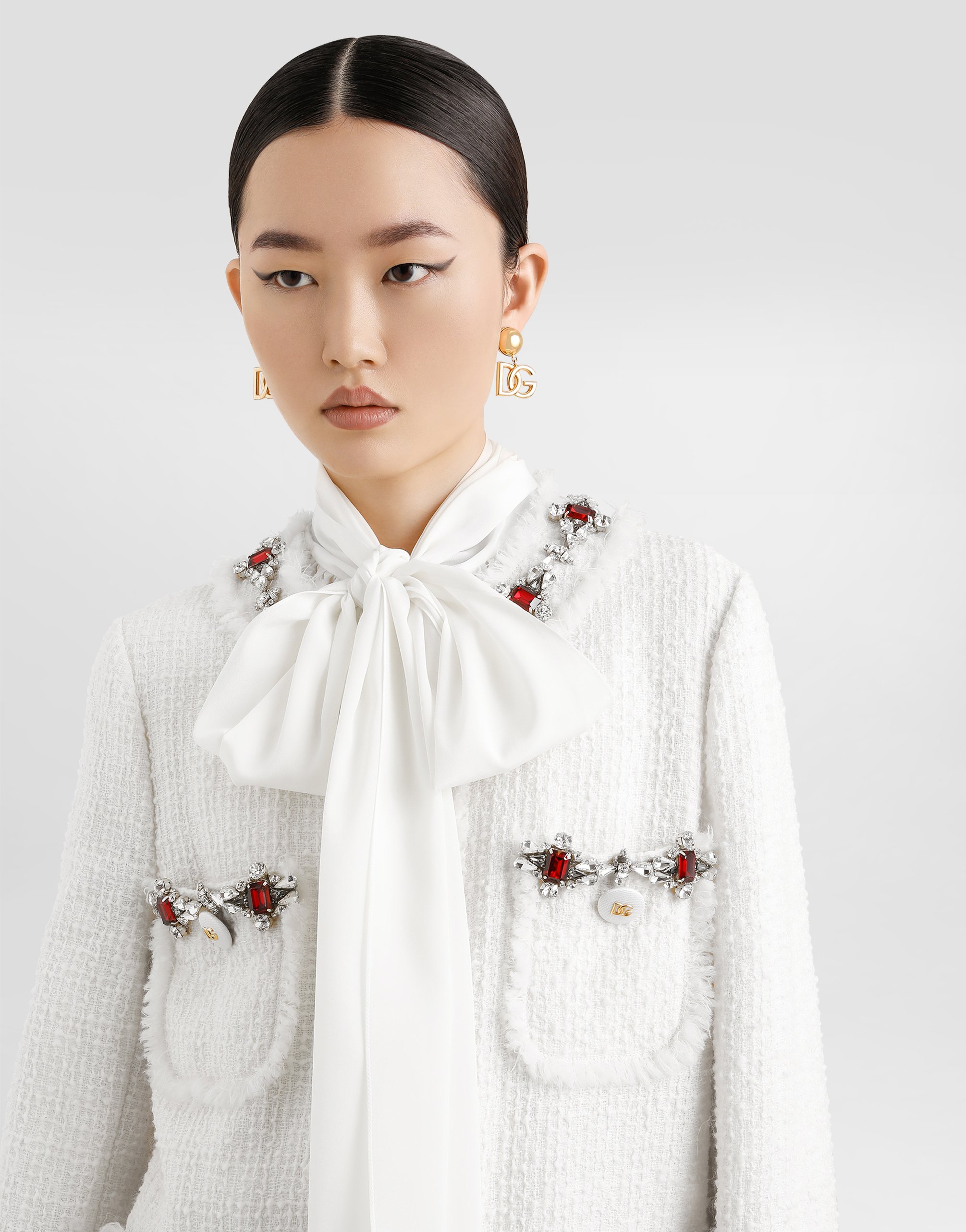 Твидовый однобортный пиджак с вышивкой из украшений Dolce & Gabbana, белый — фото 4