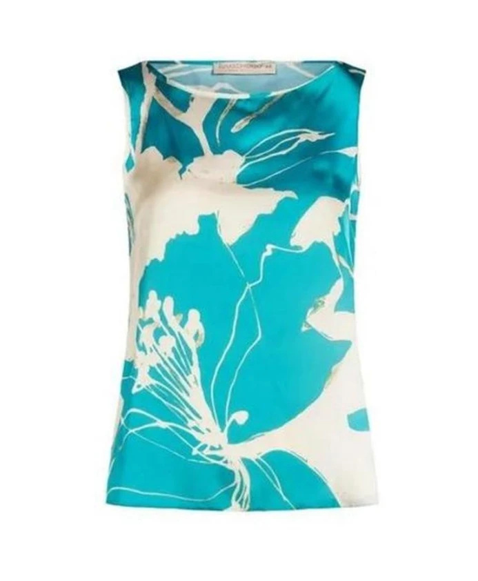 

Шелковая блузка с цветочным принтом и без рукавов. Rinascimento, синий