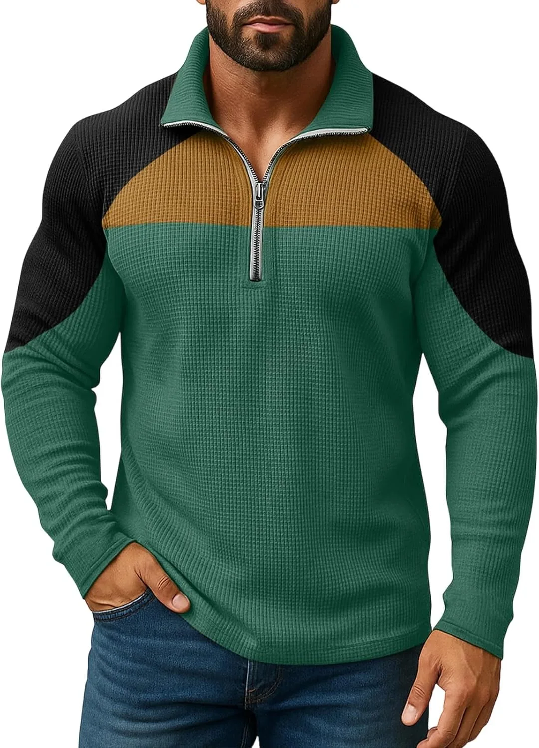 

Ymosrh мужская поло с длинным рукавом, цветной блок, молния на четверть, классический крой