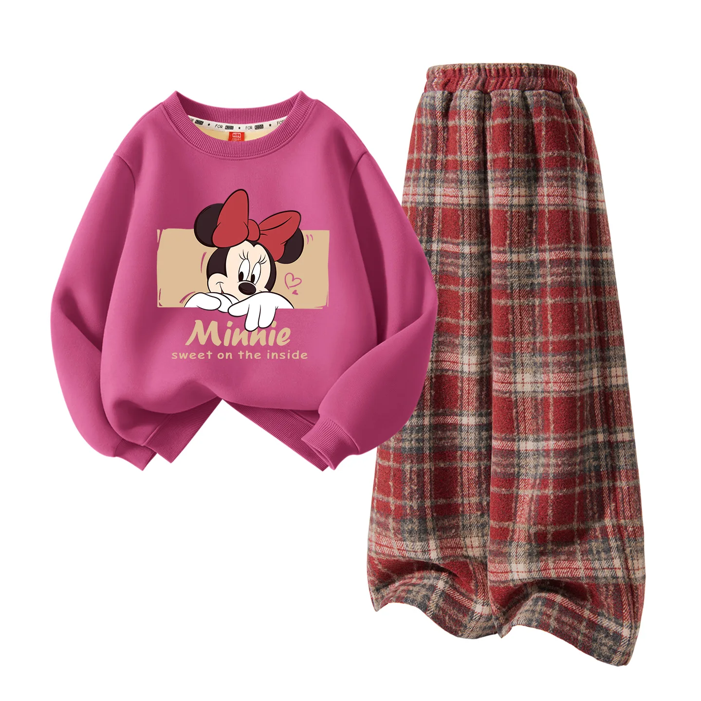 Детский спортивный комплект Casual Disney, [Thickened and Fleece-Lined]Di Hideaway Raspberry Red+Solid Color Red Plaid
