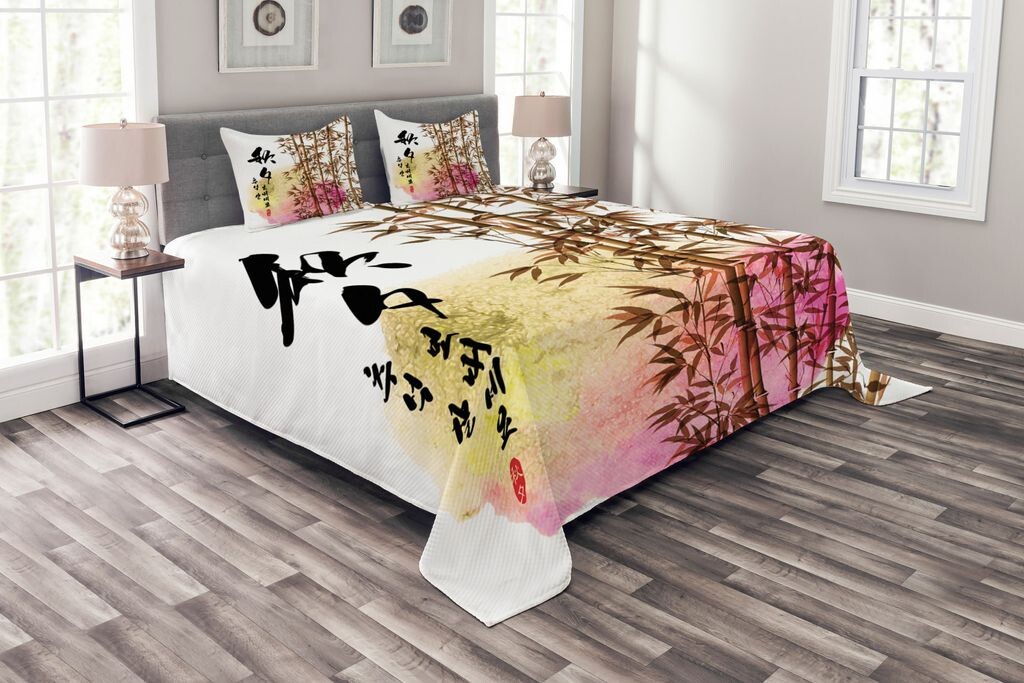 

ABAKUHAUS Комплект бамбукового покрывала, японский бамбук, азиатский, комплект с моющимися наволочками, для односпальных кроватей 264 x 220 см, разноцветный