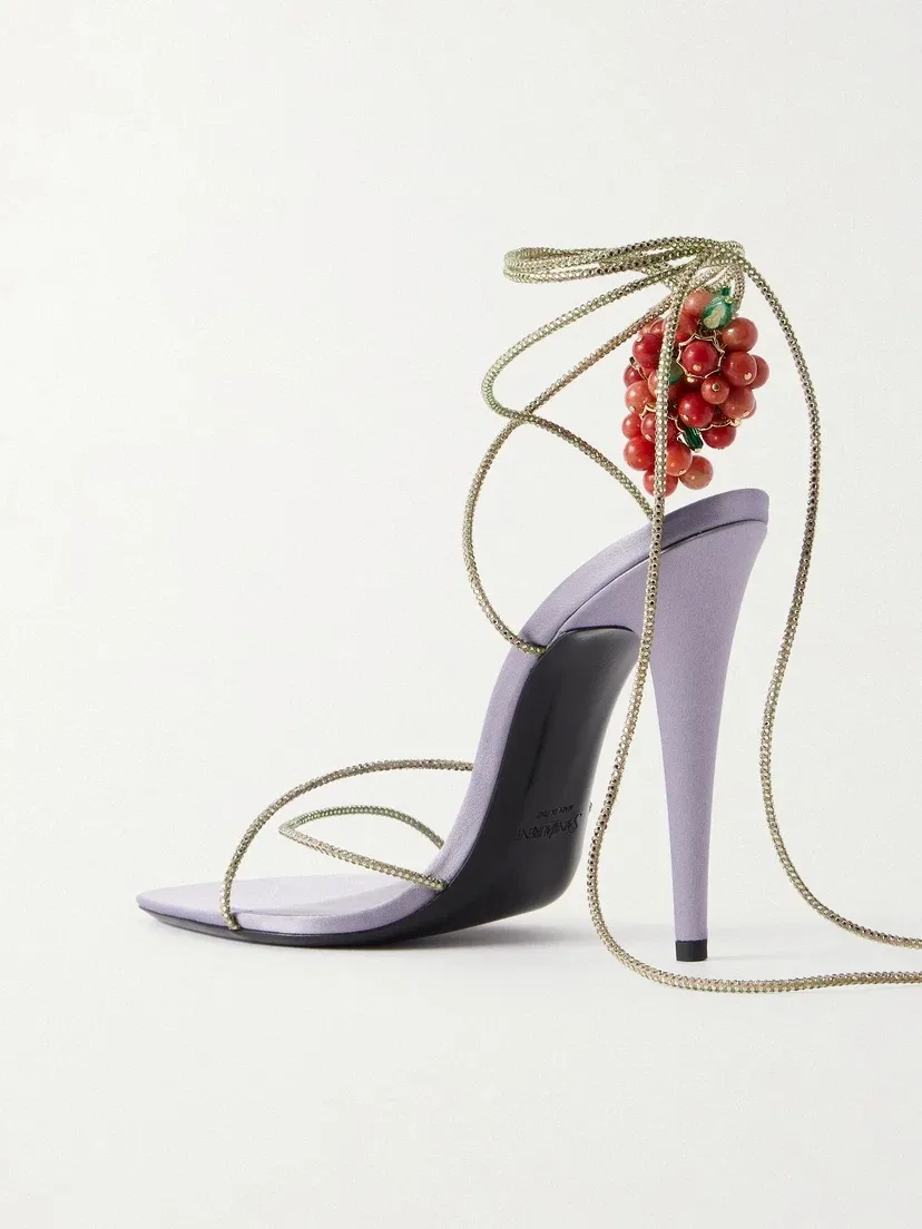 Босоножки из атласа с замшевой отделкой и украшениями SAINT LAURENT, фиолетовый — фото 3