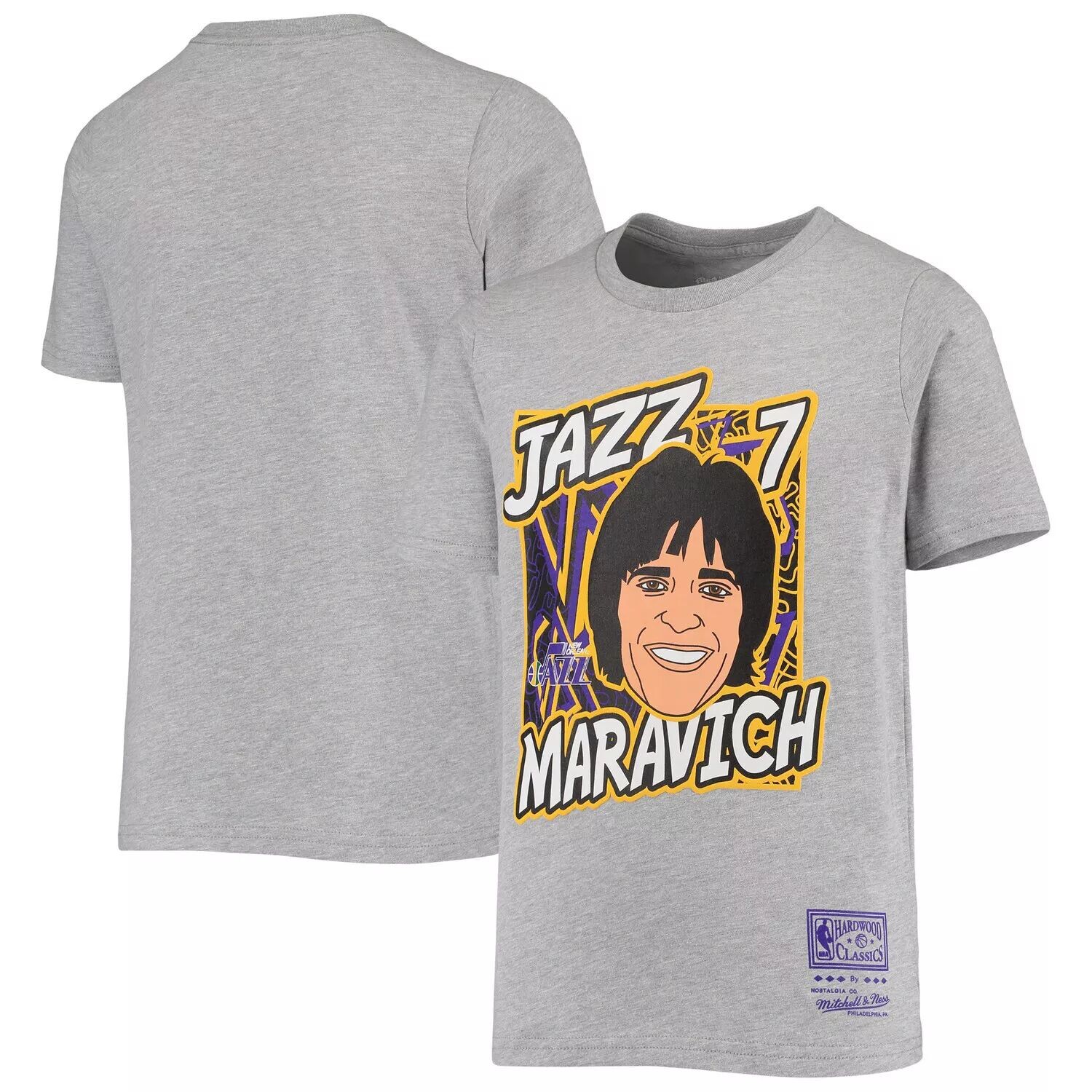 Молодежная футболка Mitchell & Ness Pete Maravich Heathered Grey New Orleans Jazz Hardwood Classics King of the Court Player Футболка Unbranded — фото 4