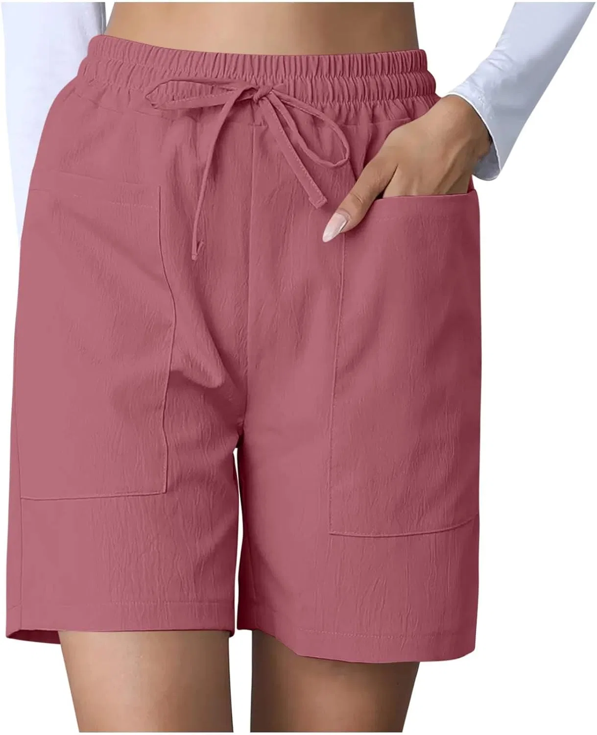 Шорты женские летние, высокая талия, эластичный пояс, с карманами, Hot Pink