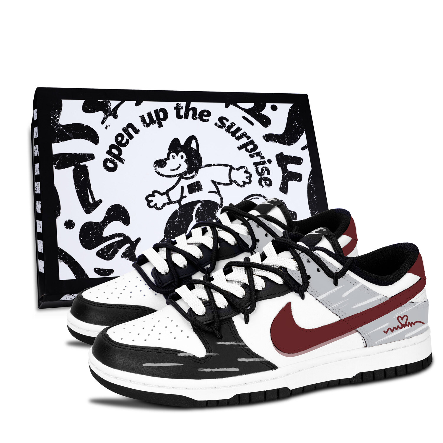 

Nike Dunk Black White, Crimson Gray Heart Abrasion Resistant Low top Skateboard Shoes Unisex Red