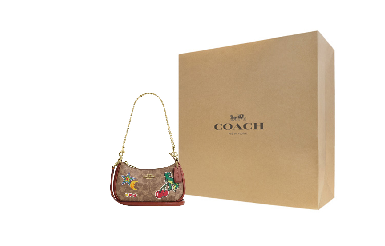 

COACH Сумка через плечо из термообработанной парусины малого размера для женщин с золотистыми акцентами в бежевом цвете