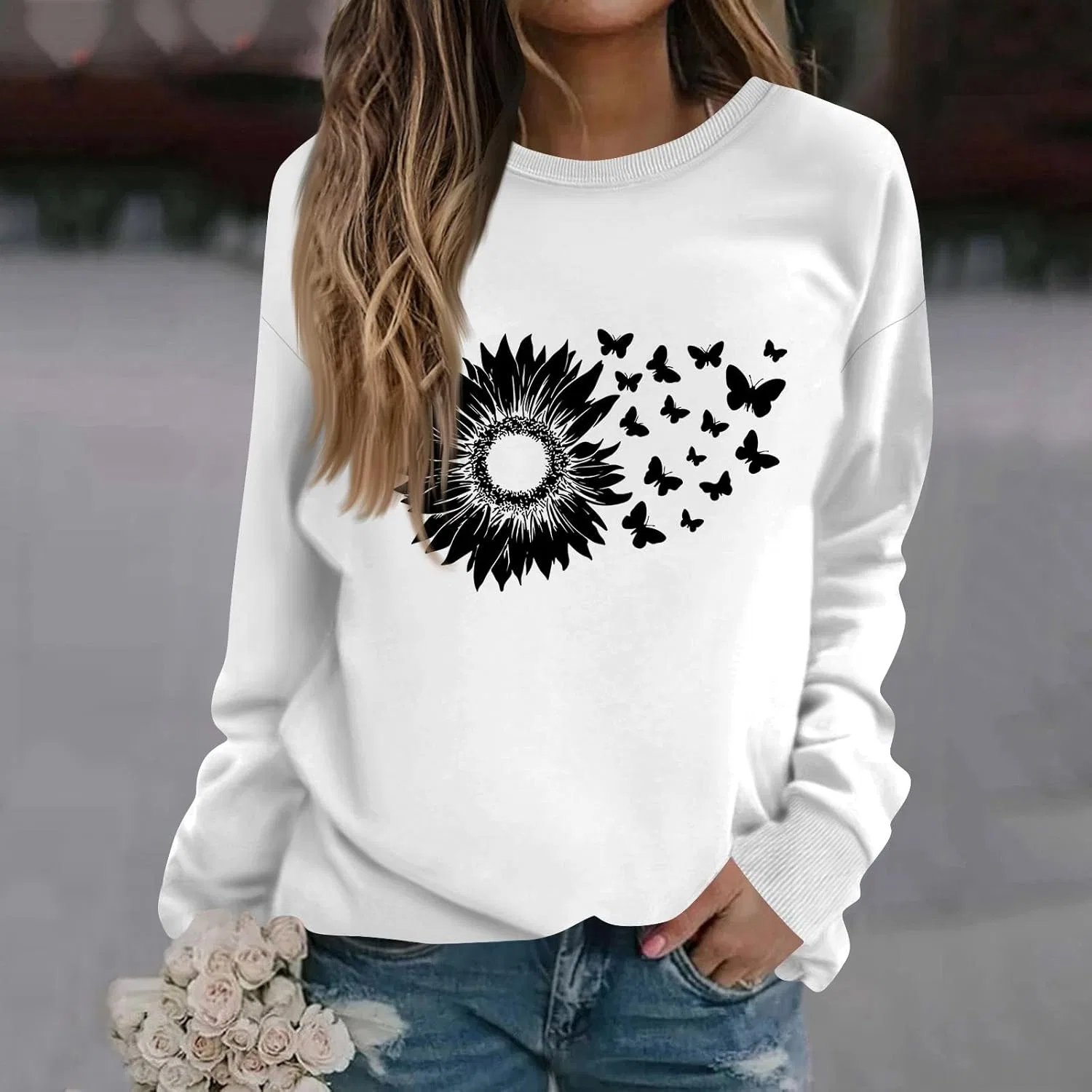 Женская толстовка с цветочным принтом, оверсайз, 1-white — фото 3