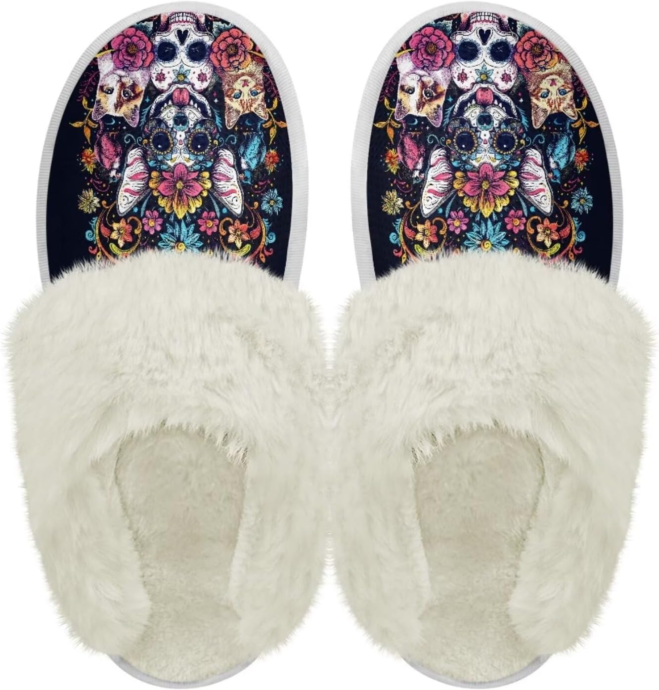 

Тапочки chaqlin Fuzzy из плюша для женщин и мужчин, мягкие, комфортные, легкие, из фланели с меховой отделкой, с нескользящей водонепроницаемой подошвой для дома и улицы, Sugar Skull Boho Dog Floral
