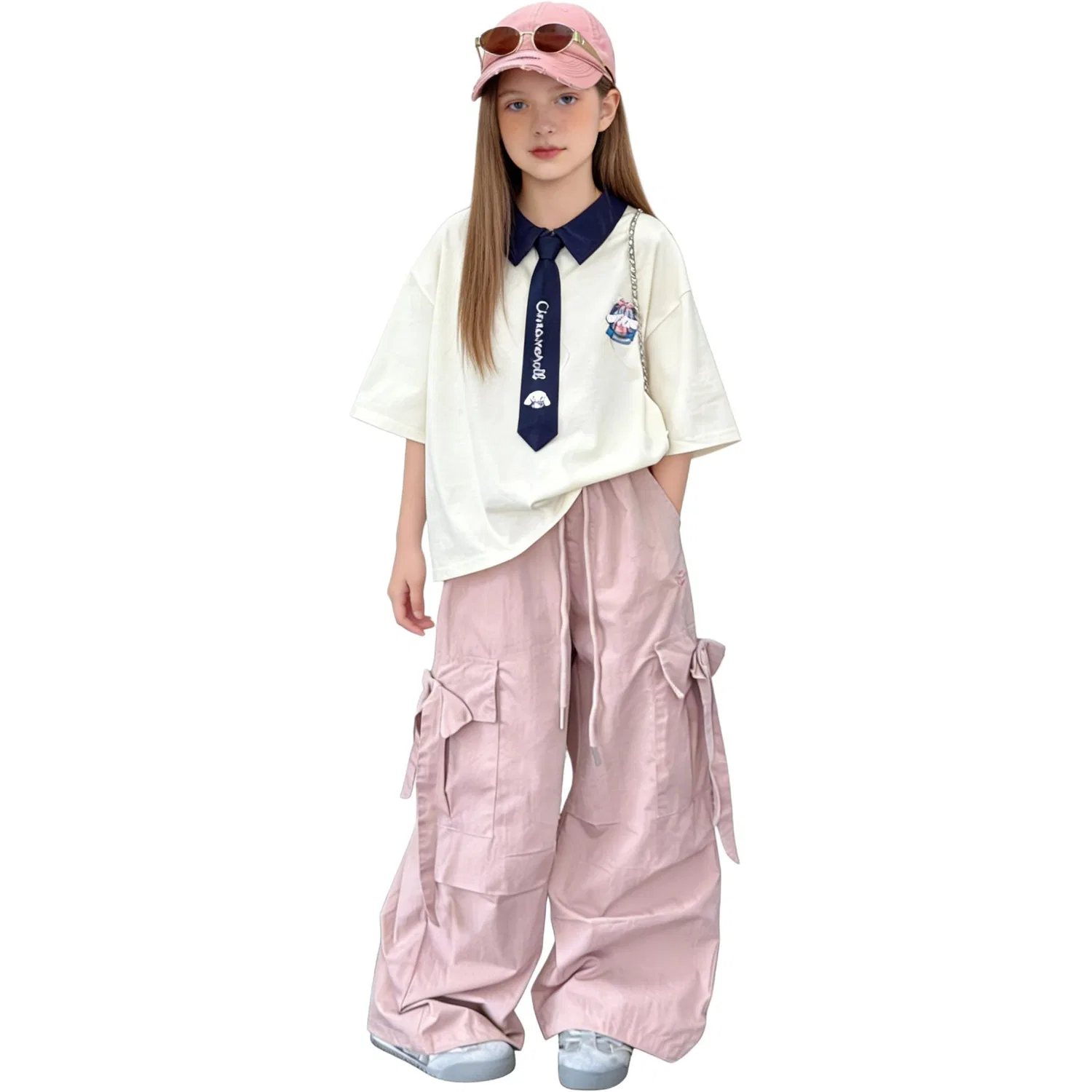 Повседневная спортивная одежда для детей весна-осень Disney, White Short-Sleeved Shirt+Pink Cargo Pants