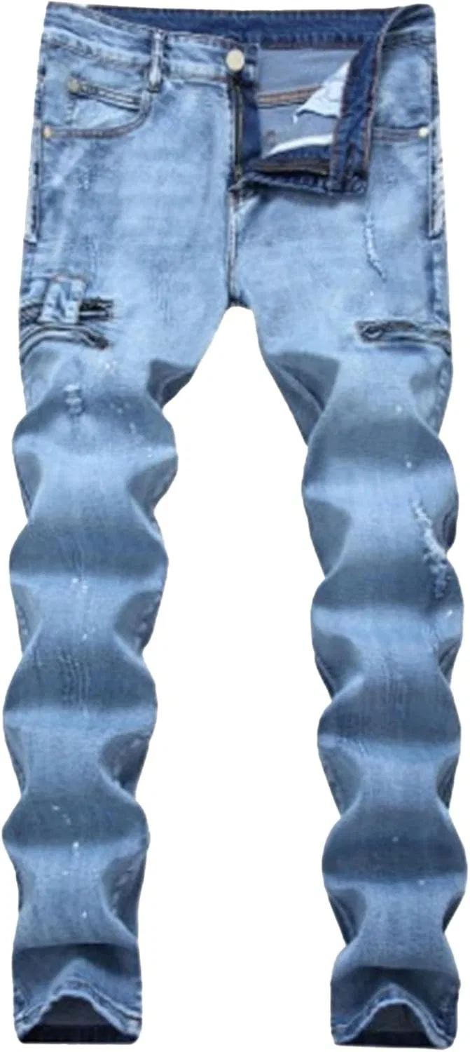 Джинсы Biker Moto Washed Distressed Jean Regular Comfort Lightweight Jeans Stretch Skinny Denim Pants for Men, Wathet