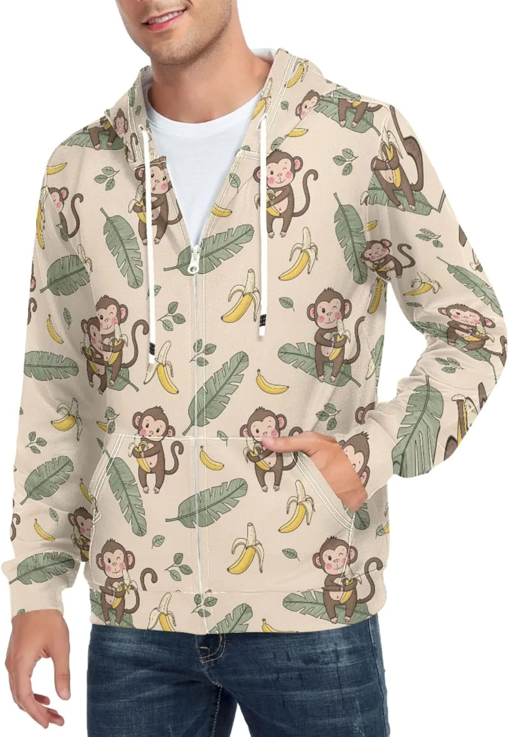 

Мужская толстовка с капюшоном Monkeys Bananas Leaves Pattern на молнии и карманом CUPADA