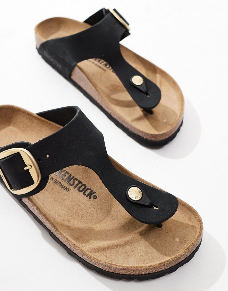Сандалии Birkenstock Gizeh из черной кожи с большими пряжками и нубуком — фото 2