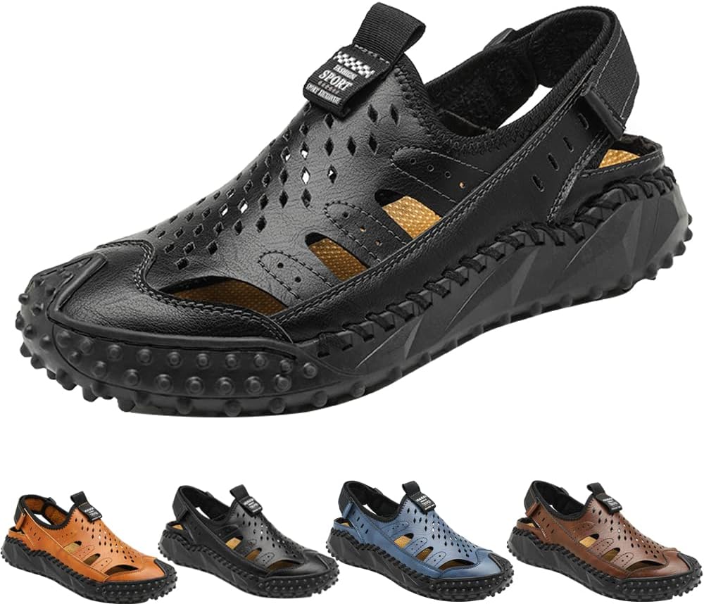 

Мужские модные повседневные кожаные сандалии для активного отдыха, походов и прогулок, с закрытым носком, дышащие и удобные Generic, черный