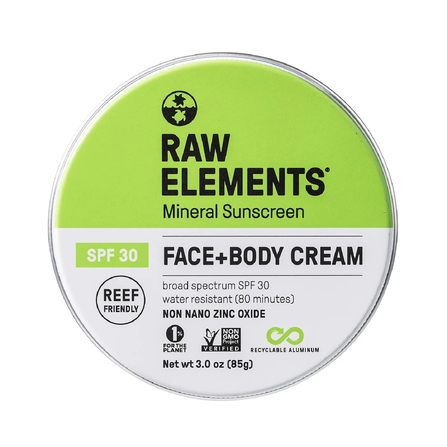 

Солнцезащитный крем для лица и тела SPF 30 в жестяной банке Raw Elements, None