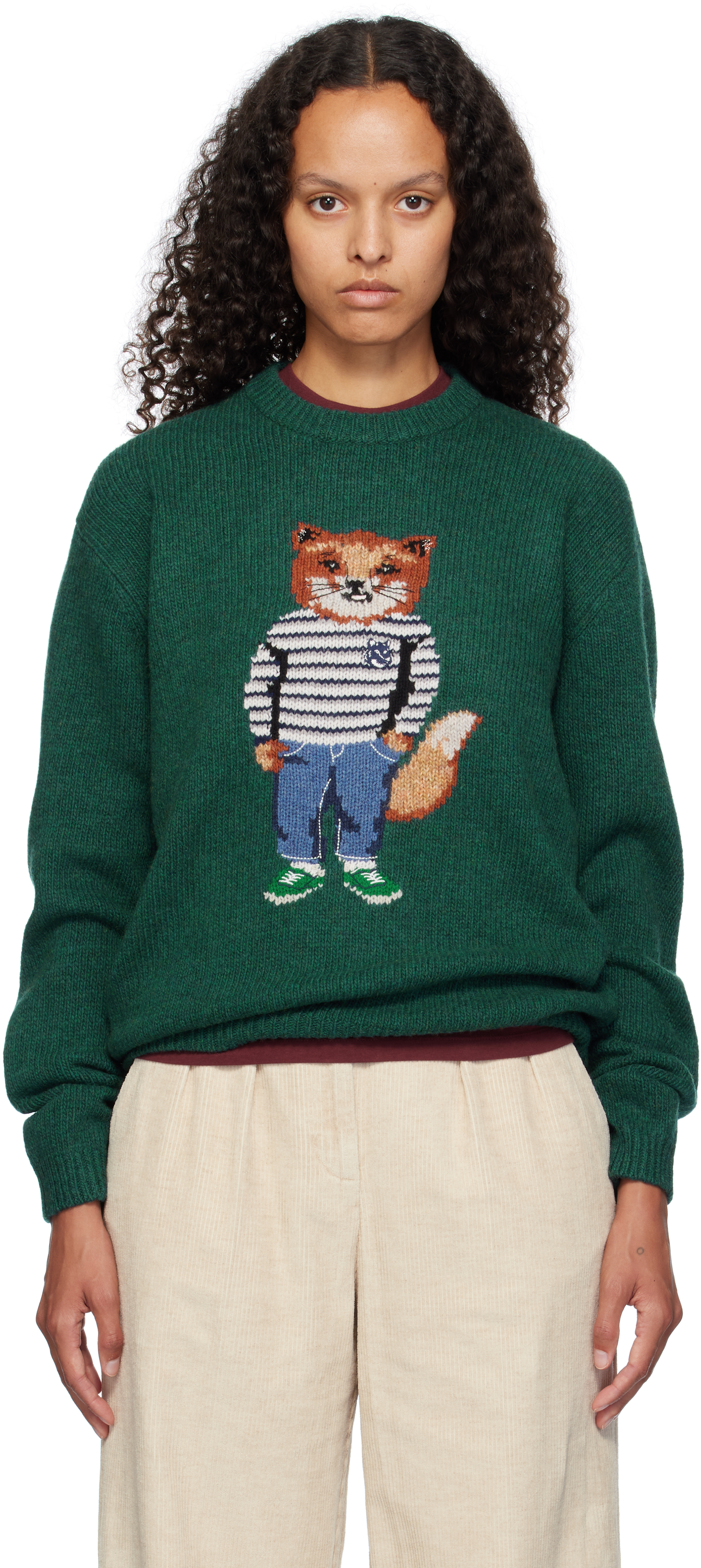 

Зеленый свитер с рисунком лисы в технике интарсия Maison Kitsune, Pine