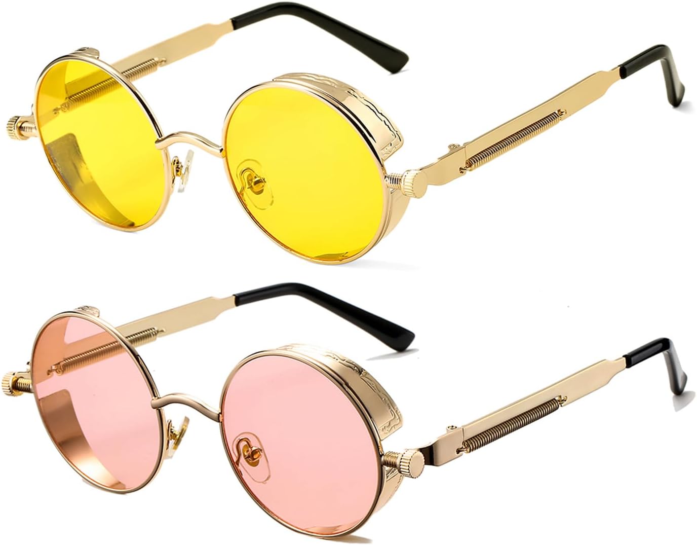 

HJSTES Винтажные круглые солнцезащитные очки в стиле стимпанк для женщин и мужчин, круглые готические очки в ретро-металлической оправе, 2 Pack (Yellow Lens/Gold+pink Lens/Gold)