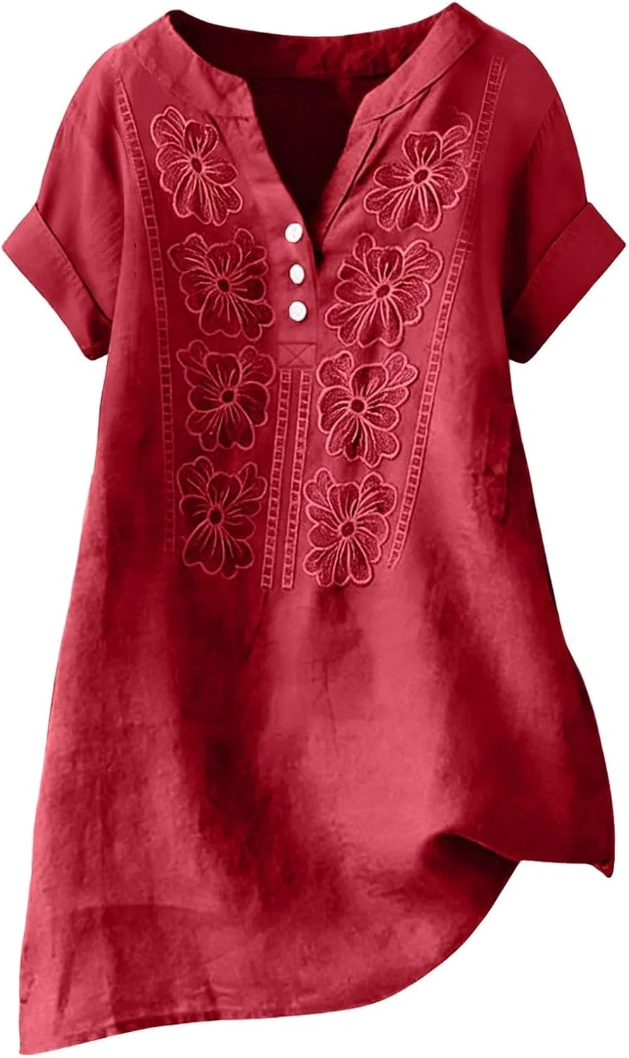 Блуза с коротким рукавом, вышивкой, красный — фото 3