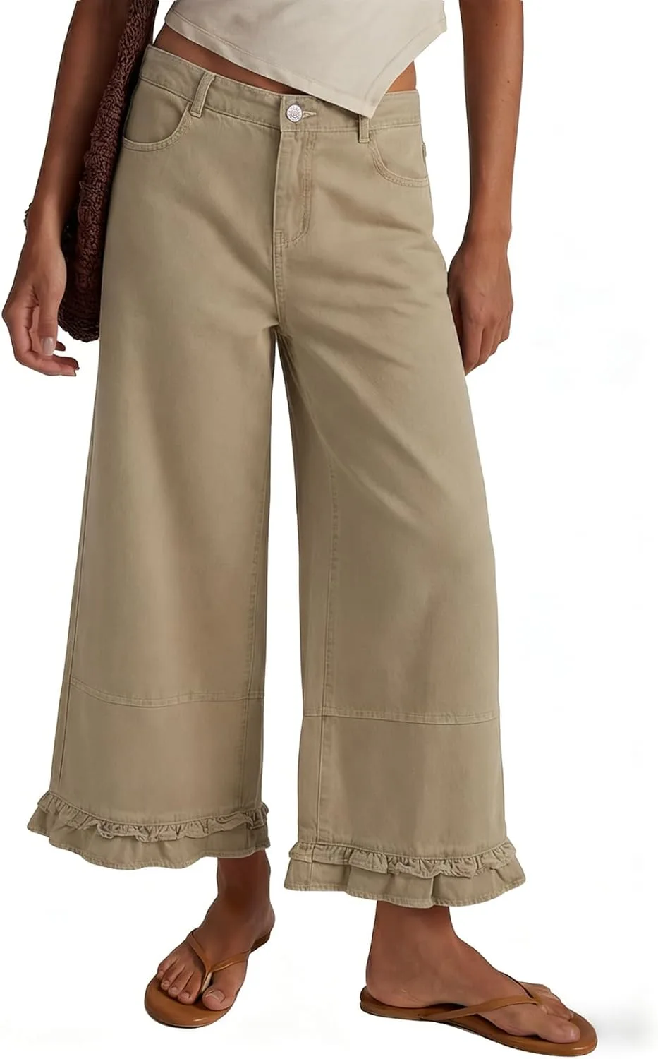 

EVALESS женские широкие джинсы Mid-Rise Cropped Baggy с рюшами