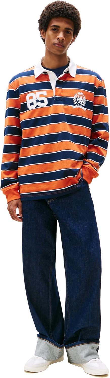 Мужская легкая полосатая рубашка-поло для регби Tommy Jeans с логотипом Tommy Hilfiger, Voyager Orange Stripe — фото 3