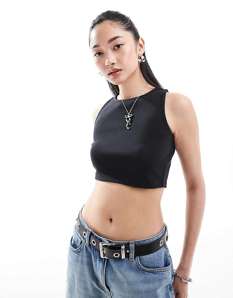 

Черный укороченный топ без рукавов в рубчик Denim Project с гоночной спинкой