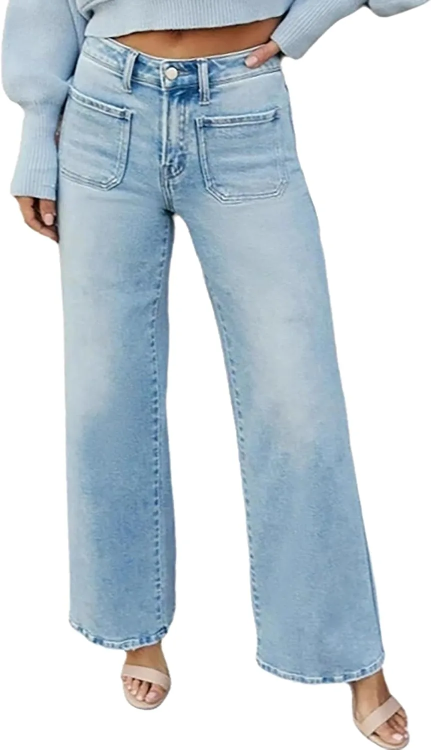 

Женские джинсы с высокой талией Stretch Straight Leg с накладными карманами QLAUYIOE