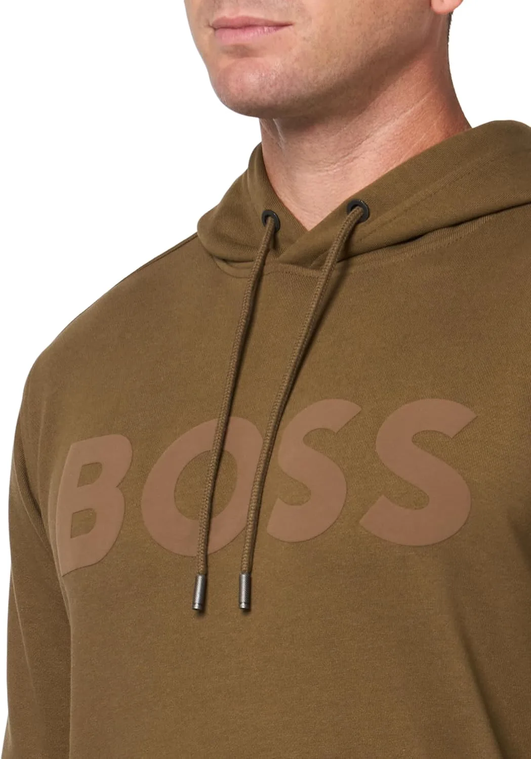 Мужская хлопковая толстовка с капюшоном и большим логотипом BOSS, оливковый — фото 3