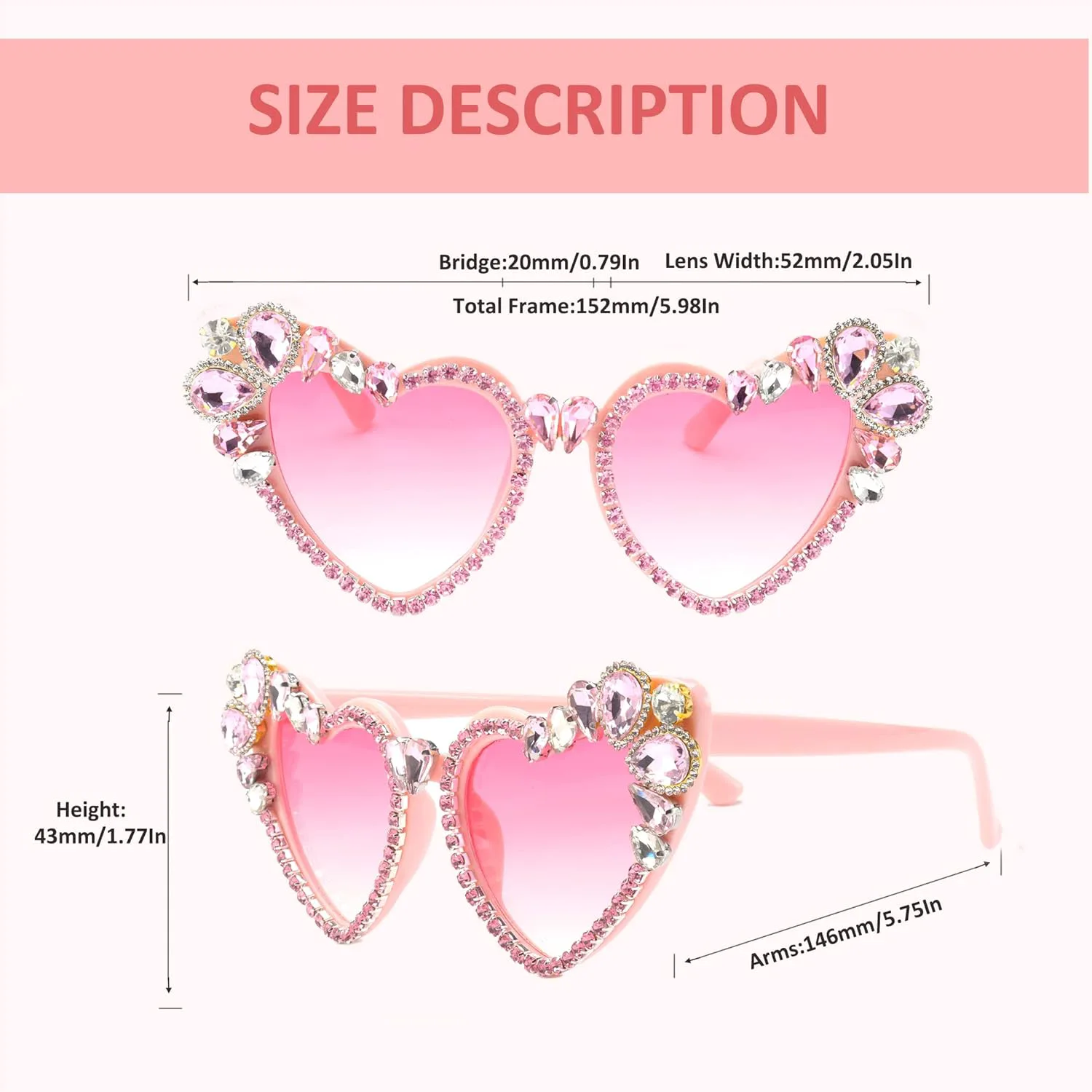 

bullabulling Винтажные солнцезащитные очки в форме сердца со стразами для женщин, блестящие бриллиантовые очки для вечеринок, хрустальные линзы с градиентом, Rose