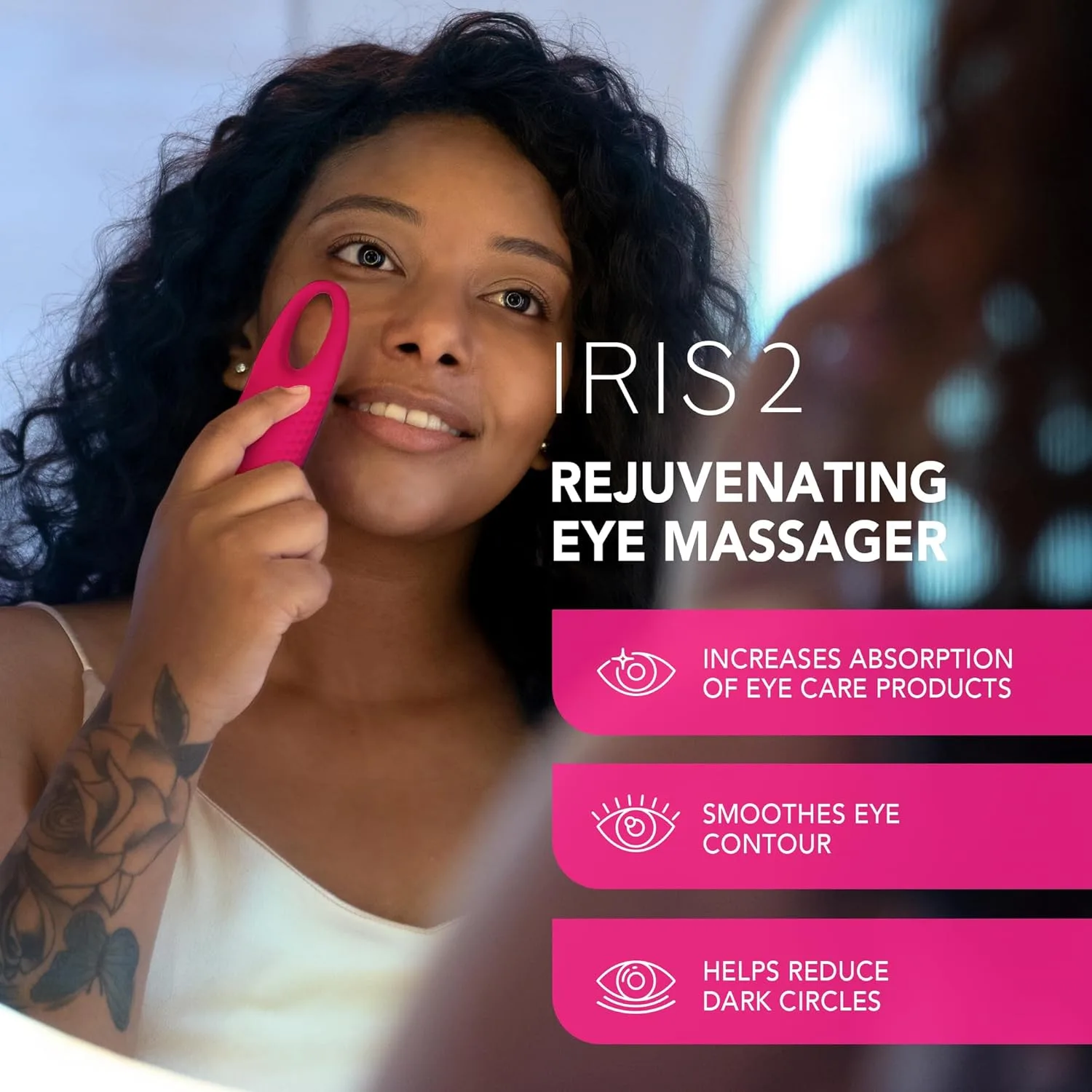 Foreo Eye Revive Iris 2 набор: лимфодренажный массажер для глаз Iris, увлажняющая гидрогелевая маска для глаз, 60 шт, средство от темных кругов и мешков под глазами, уменьшение отечности, цвет fuchsia, Magenta — фото 4