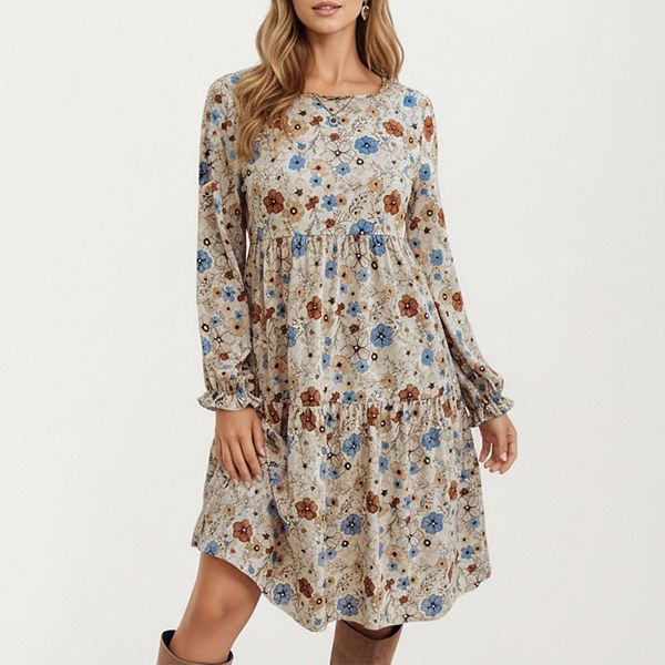 

Женское платье с длинным рукавом, цветочным принтом, ярусным кроем, круглым вырезом и рюшами по подолу Anna-Kaci