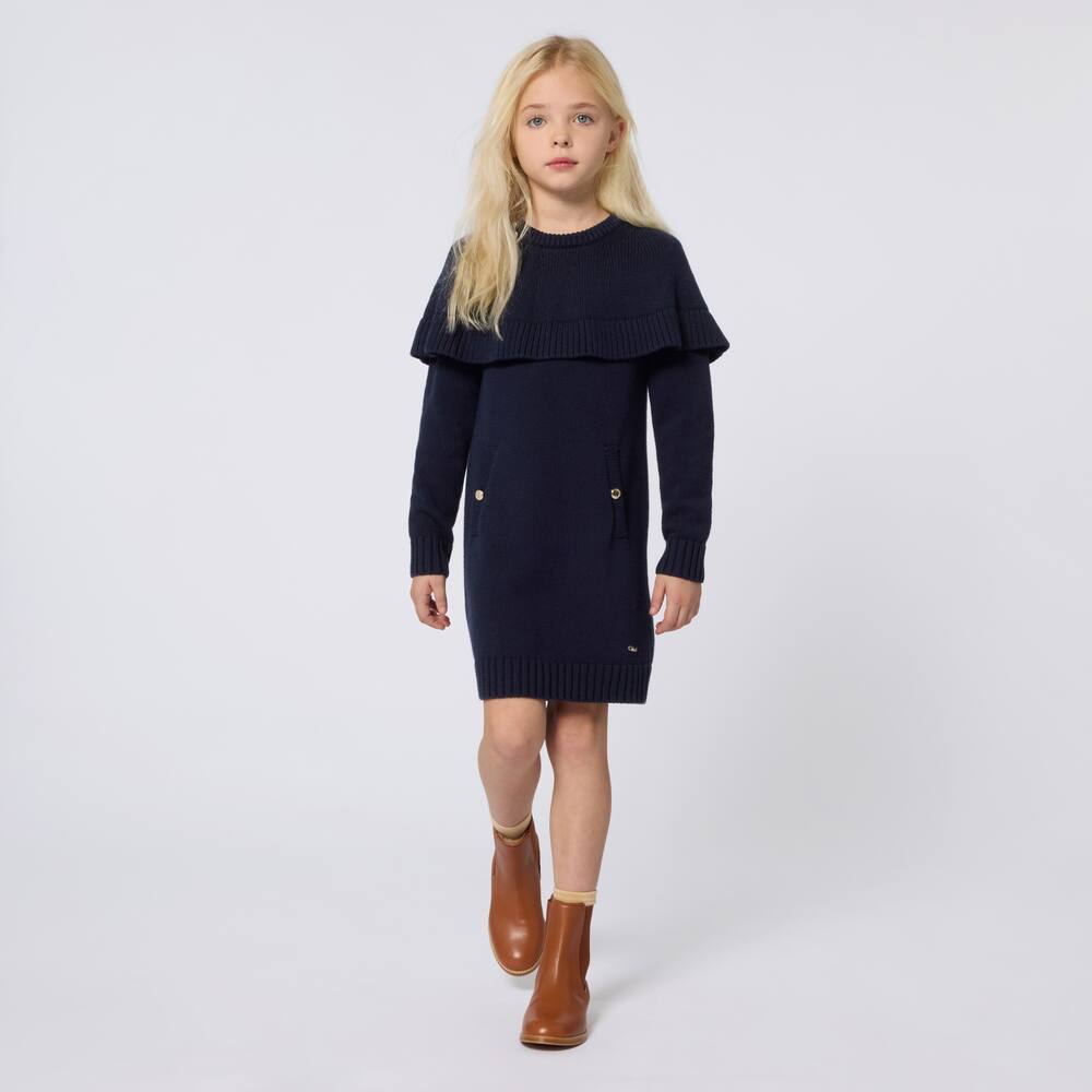 Платье из хлопка и шерсти с пелериной Chloé Kids, Bleu Amiral — фото 4