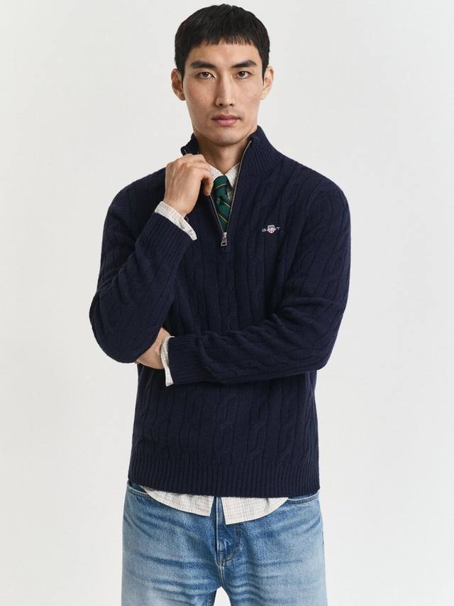 

Полузастёгивающийся джемпер из шерсти с косой вязкой GANT, Evening Blue