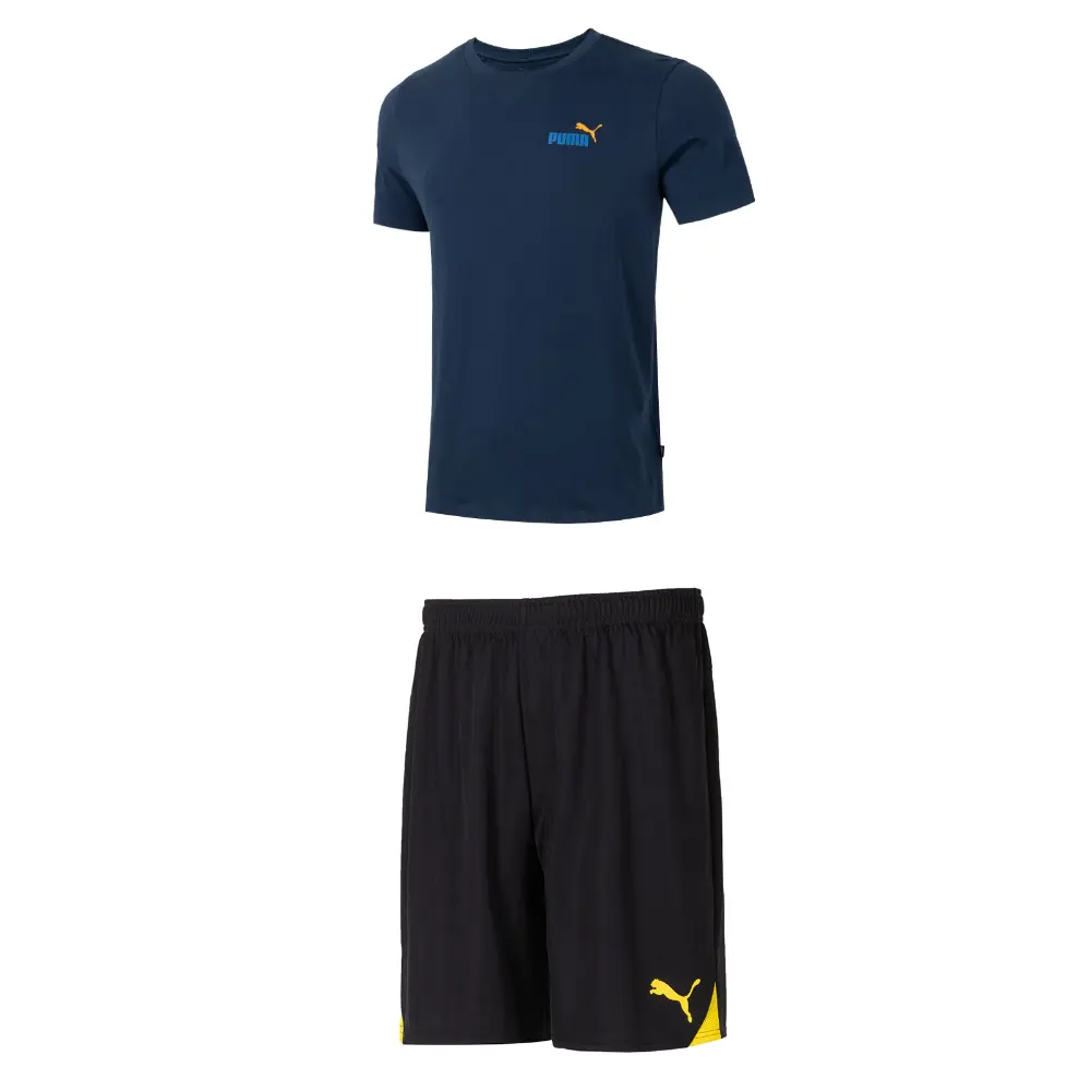 

Повседневный спортивный мужской комплект: синий топ + черно-желтые шорты Puma, синий/желтый