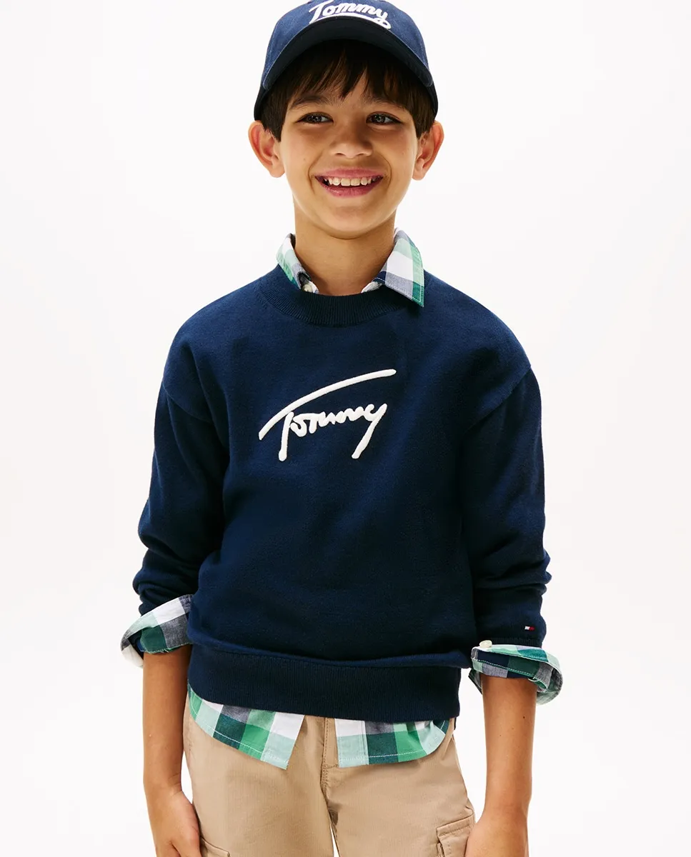 

Детский джемпер с вышитым логотипом на груди и круглым вырезом Tommy Hilfiger, темно-синий