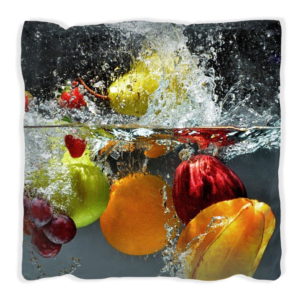 

Подушка Wallario Premium, мягкая поверхность, с мотивом фруктов в воде и под водой - Splashing Fruits, размер: 40 x 40 см, с белой спинкой