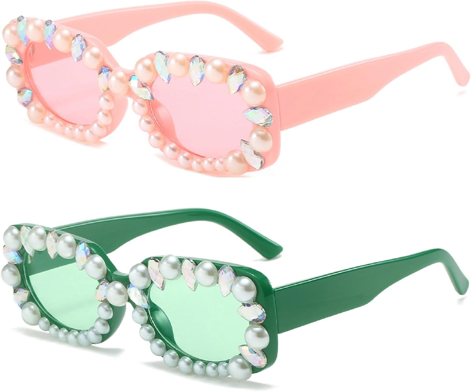 

Ретро-солнцезащитные очки с кристаллами и жемчугом для женщин, модные прямоугольные солнцезащитные очки со стразами, квадратные солнцезащитные очки с бриллиантами для вечеринки mincl, 2pcs-pink&green